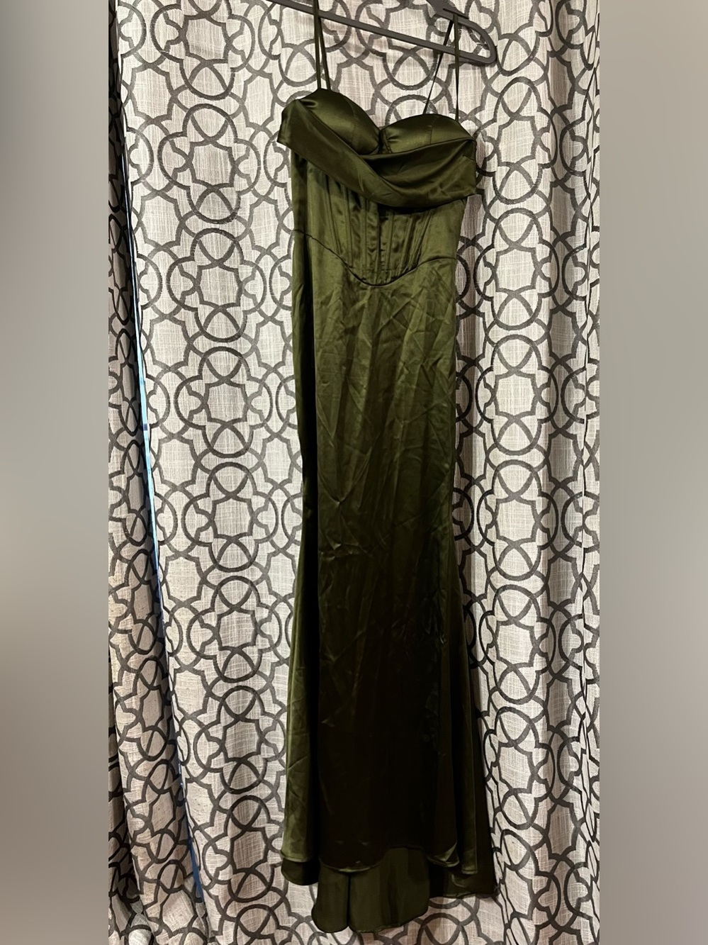 Olive Green Strapless Satin Evening Gown